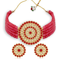 Sukkhi Eye-Catchy Gold Plated Red & White Pearl Choker Necklace Set for Women (SKR70452), free size