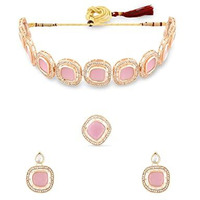 ZAVERI PEARLS Pink Stones Dazzling Austrian Diamonds Necklace Earring & Ring Set For Women-ZPFK16074