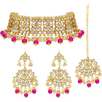 Peora Ethnic Indian Traditional Gold Plated Kundan Necklace Earring Maang Tikka Jewellery Set for Women Girls