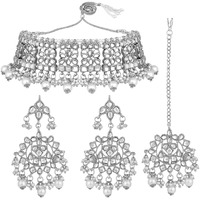 Peora Ethnic Indian Traditional Jewellery 18K Gold Plated Kundan Necklace Earring Mang Tikka Set for Women Girls (Silver)