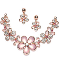 ZENEME Rose Gold-Plated American Diamonds Studded Floweret Necklace With Earrings Jewellery Set For Girls and Women (Pink)