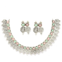 ZENEME New Antique Oxidised Silver Plated Traditional Temple Coin Red American Diamond Studded Necklace With Earrings Jewellery For Women & Girls (Sea Green & Pink)