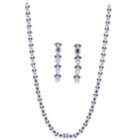 ZENEME Rhodium-Plated Silver Toned Leaf American Diamond Studded Long Necklace Earrings Jewellery Set for Girls and Women (Blue)