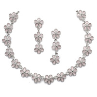 ZENEME Oxidised Silver-Plated Flower Shaped American Diamond Studded Necklace Earrings Jewellery Set for Girls and Women (Pink)