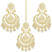 Peora Traditional Jewellery 18K Gold Plated Kundan Brass Alloy & Pearl Maang Tikka Earring CZ Set for Women Girls (Grey)
