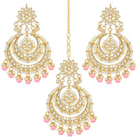 Peora Traditional Jewellery 18K Gold Plated Brass Kundan and Pearl Maang Tikka and Earring Set for Women (Pink)