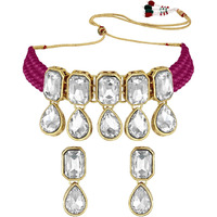 I Jewels Crystal Pearl Traditional Choker Necklace with Earrings Jewellery Set for Women Girls (ML249) (Rani Pink)
