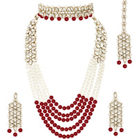 Peora Indian Traditional Gold Plated Kundan Faux Pearl Wedding Bridal Necklace Jewellery Set with Earring Maang Tikka for Women Girls
