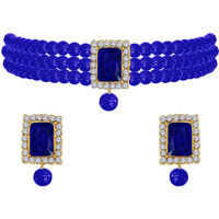 Peora Gold Plated Ethnic Choker Crystal Pearl Beaded Necklace & Earrings Set Jewellery for Girls & Women (Blue)