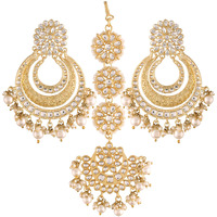 I Jewels Gold Plated with Stunning Matte Finish Traditional Big Kundan & Faux Pearl Bridal Chandbali Earrings with Maang Tikka Set for Women/Girls (TE2860FL)