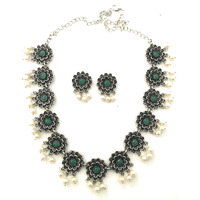 Sasitrends Oxidized Pearl German Silver Stone Studded Jewellery Necklace Set for Women and Girls