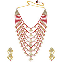 Peora Traditional Jewellery Red Floral Multi Layered Necklace Earrings Jewellery Set For Women Girls