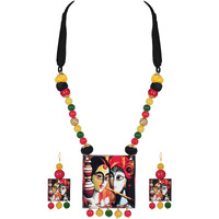 JFL - Jewellery for Less Handcrafted Radha Krishna Painting Print Beaded Designer Necklace Set for Women and Girls (Red, Green & Yellow),Valentine