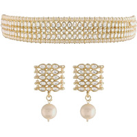 I Jewels Gold Plated Traditional Kundan Pearl Choker Necklace Jewellery Set For Women And Girls (K7209) (White)