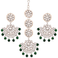 I Jewels Rhodium Plated With Stunning Matte Finish Traditional Kundan & Faux Pearl Chandbali Earrings With Maang Tikka Set (Te2911Zg, Womens)