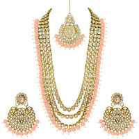 Peora Peach Gold Plated Kundan Studded Long Necklace Set with Maang Tikka & Earrings for Women Traditional Jewellery