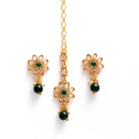 ZENEME Maang Tikka With Earrings Set Flower Shaped Gold Plated Jewellery For Women and Girls (Gold Green)