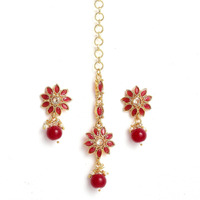 ZENEME Maang Tikka With Earrings Set Flower Shaped Gold Plated Jewellery For Women and Girls (Gold Red)