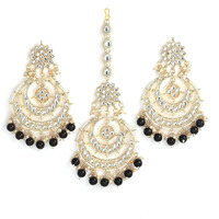 ZENEME Traditional Gold Plated Big Chandbali Kundan & Pearl Earring Set With Maang Tikka for Women (Black)