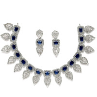ZENEME Jewellery Set Leaf Style AD/American Diamond Rectangle Shaped Studded Rose Gold Plated Handcrafted Circle Necklace Set for Women & Girls (Blue)