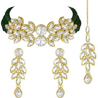 Peora Gold Plated Crystals Studded Choker Necklace Earrings & Maang Tikka Set Ethnic Jewellery for Girls & Women (Blue)