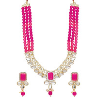 I Jewels 18K Gold Plated Traditional White Kundan Studded Multi Layered Pearl Necklace Jewellery Set with Dangle Earrings for Women And Girls (IJ354Q)