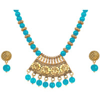 JFL - Jewellery for Less Stylish Gold Plated Antique Semi-Circle Pendant Beaded Tribal Necklace Set for Women and Girls (SKY Blue)