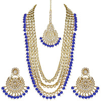 Peora Gold-plated Brass and Kundan Necklace Set With Mang Tika & Earrings for Women & Girls (Blue)