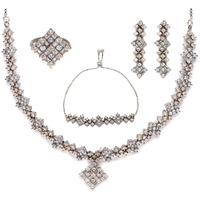 ZENEME Rose Gold Plated White American Diamond Studded Square Shaped Necklace, Earring & Bracelet With Ring Jewellery Set For Women & Girl (Rose Gold Black)