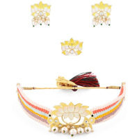 ZAVERI PEARLS Multicolor Crystals Beaded Multistrand Lotus Meenakari Choker Necklace Earring & Ring Set For Women-ZPFK14751