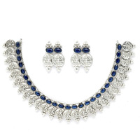ZENEME New Antique Oxidised Silver Plated Traditional Temple Coin Red American Diamond Studded Necklace With Earrings Jewellery For Women & Girls (Blue)