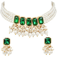 I Jewels 18K Gold Plated Traditional Green Stone Studded Multi Layered White Pearl Choker Necklace Jewellery Set with Earrings for Women And Girls (IJ355G)