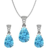 Clara 925 Sterling Silver Sky Blue Tear Drop Pendant Earring Chain Jewellery Set | Rhodium Plated, Swiss Zirconia | Gift for Women & Girls