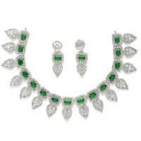 ZENEME Jewellery Set Leaf Style AD/American Diamond Rectangle Shaped Studded Rose Gold Plated Handcrafted Circle Necklace Set for Women & Girls (Green)