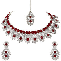 Atasi International Rhodium Plated Ruby Red Kundan Necklace Set with Earrings and Maang Tikka (MR5380) For Women