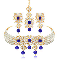 Peora White Blue Gold Plated Indian Traditional Kundan Faux Pearl Choker Necklace with Earrings Jewellery Set for Women Girls