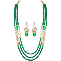 Peora 18K Gold Plated Indian Traditional Wedding Kundan Green Long Necklace Earrings with Maang Tikka Jewellery Set for Women Girls