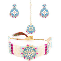 ZAVERI PEARLS Turquoise Blue Meenakari & Pink Crystals Multistrand Kundan Choker Necklace Earring & Maangtikka Set For Women-ZPFK14721