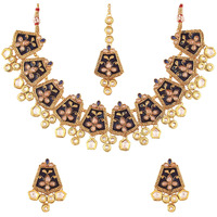I Jewels 18K Gold Plated Kundan Studded Meenakari Bridal Choker Necklace Jewellery Set with Earrings & Maang Tikka for Women (ML134Bl)