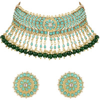 I Jewels 18K Gold Plated Traditional Kundan & Pearl Studded Choker Necklace Set For Women/Girls (K7210) (Turquois)