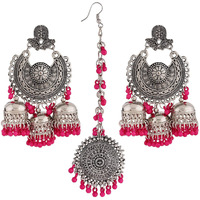 Shining Diva Fashion Latest Oxidised Silver Antique Design Stylish Traditional Maang Tikka Jhumka Earrings Jewellery Set for Women (Pink) (12031s)