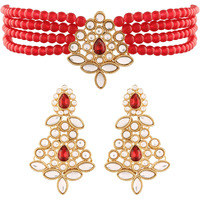 I Jewels Gold Plated Traditional Kundan with Beads Choker Necklace Jewellery Set for Women/Girls (ML26) (Style 2)