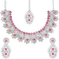 Atasi International Silver Plated Pink Crystal AD Necklace Set with Earrings and Maang Tikka, Suitable for Bridal, Wedding, Party (RP5380) For Women
