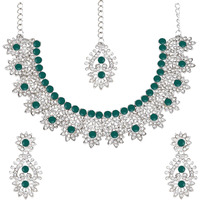 Atasi International Rhodium Plated Green Kundan Necklace Set with Earrings and Maang Tikka (RDG5380)