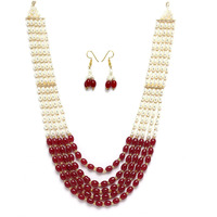 ZENEME Jewellery Set White Pearl Multi String Five Layered Rajasthani Style Vintage Necklace Set With Earrings Jewellery For Women & Girls (Maroon)