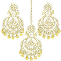 Peora Traditional Jewellery 18K Gold Plated Kundan & Pearl Maang Tikka Earring Set for Women Girls (Yellow)