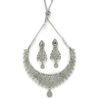 Sukkhi Striking Rhodium Plated Silver AD White Stone Collar Bone Necklace Set And Earring | Jewellery Set For Women (NS105661)