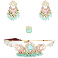 ZAVERI PEARLS Green Pink Stones & Beads Multistrand Kundan Choker Necklace Earring & Ring Set For Women-ZPFK15653
