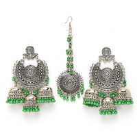 Shining Diva Fashion Latest Oxidised Silver Antique Design Stylish Traditional Maang Tikka Jhumka Earrings Jewellery Set for Women (Green) (12028s)