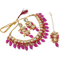 LUCKY JEWELLERY Back Meenakari 18k Gold Plated Magenta Color Square Shape Tika Earring Combo Jewellery Set Uncut Kundan Big Faux Kundan Dibbi Kundan Choker Necklace Set for Girls & Women